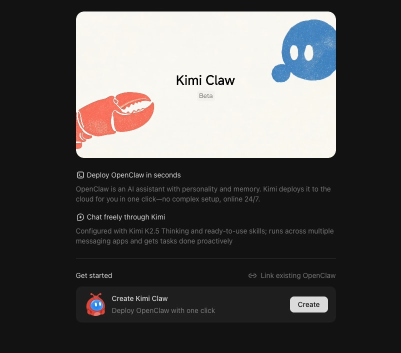 Kimi Claw | 24/7 AI Assistant with Long-term Memory & Automation captured website design