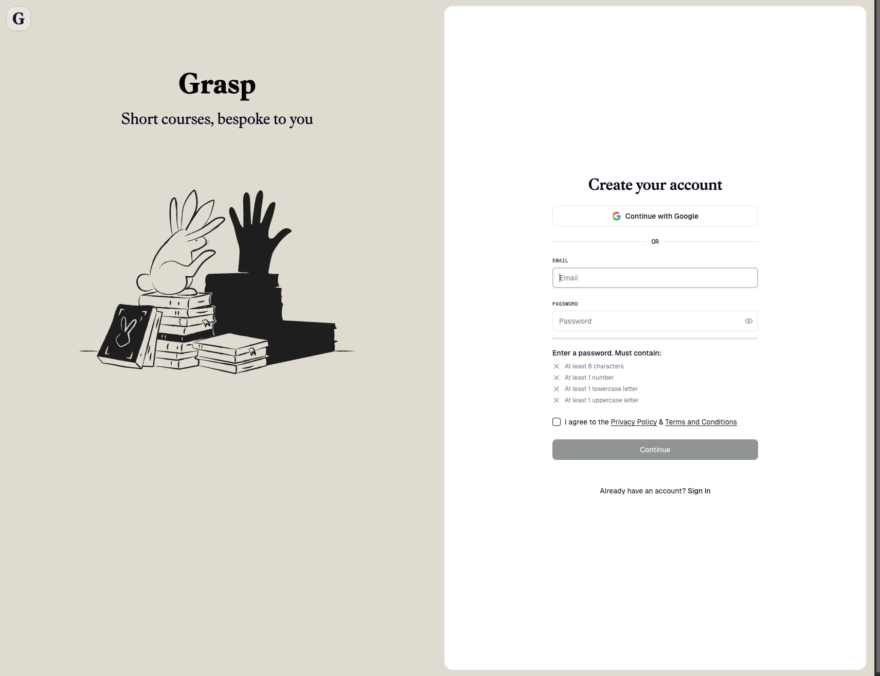 Grasp - Sign up captured website design