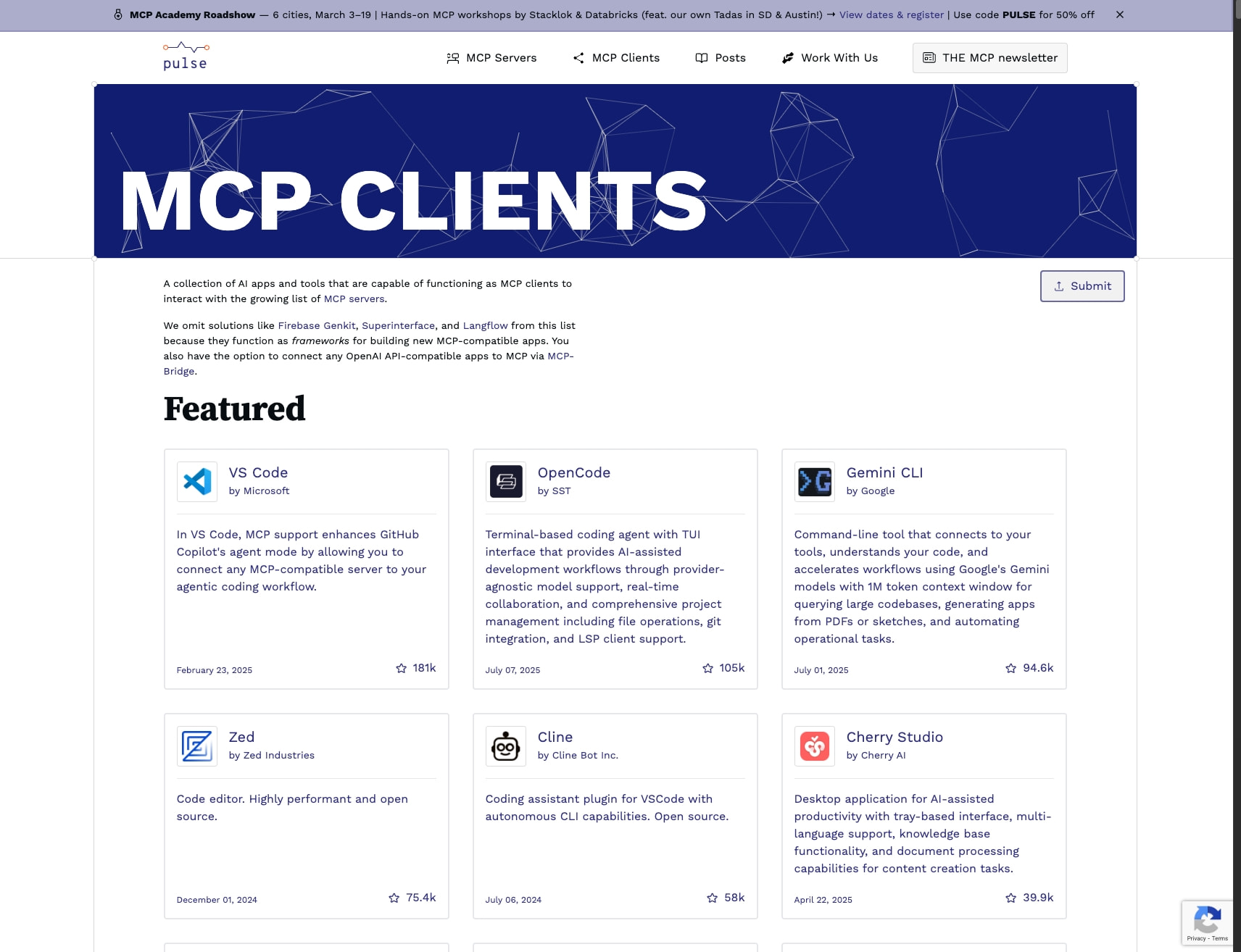 512 MCP Clients: AI-powered apps for MCP | PulseMCP captured website design