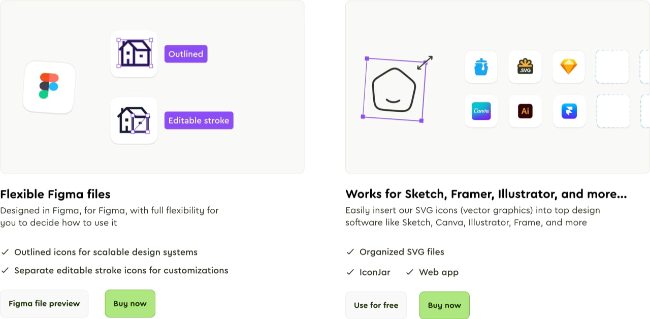 Feature cards for Figma flexibility and multi-software compatibility, showing outlined house icons with purple labels and green 'Buy now' buttons against a warm off-white captured website design