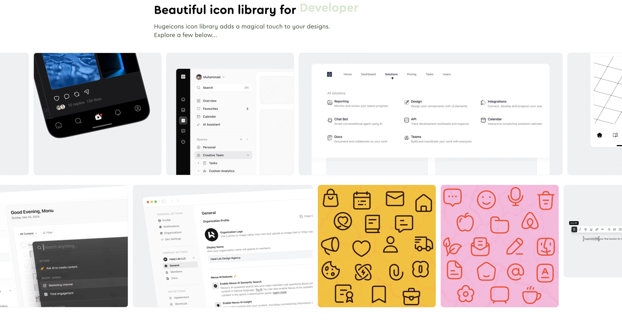 Hero section with animated word 'Developer' in green, followed by a horizontal scroll of UI mockups showing icons in dark and light interface contexts on black, white, yellow, and captured website design