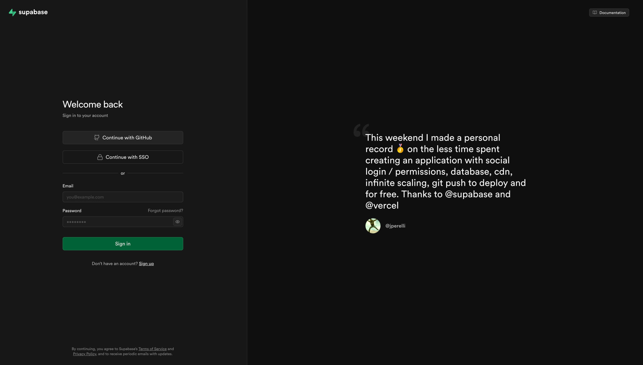 Split-screen sign-in page with dark left panel containing email form and green primary button, right panel showing large testimonial quote with decorative quotation mark. captured website design