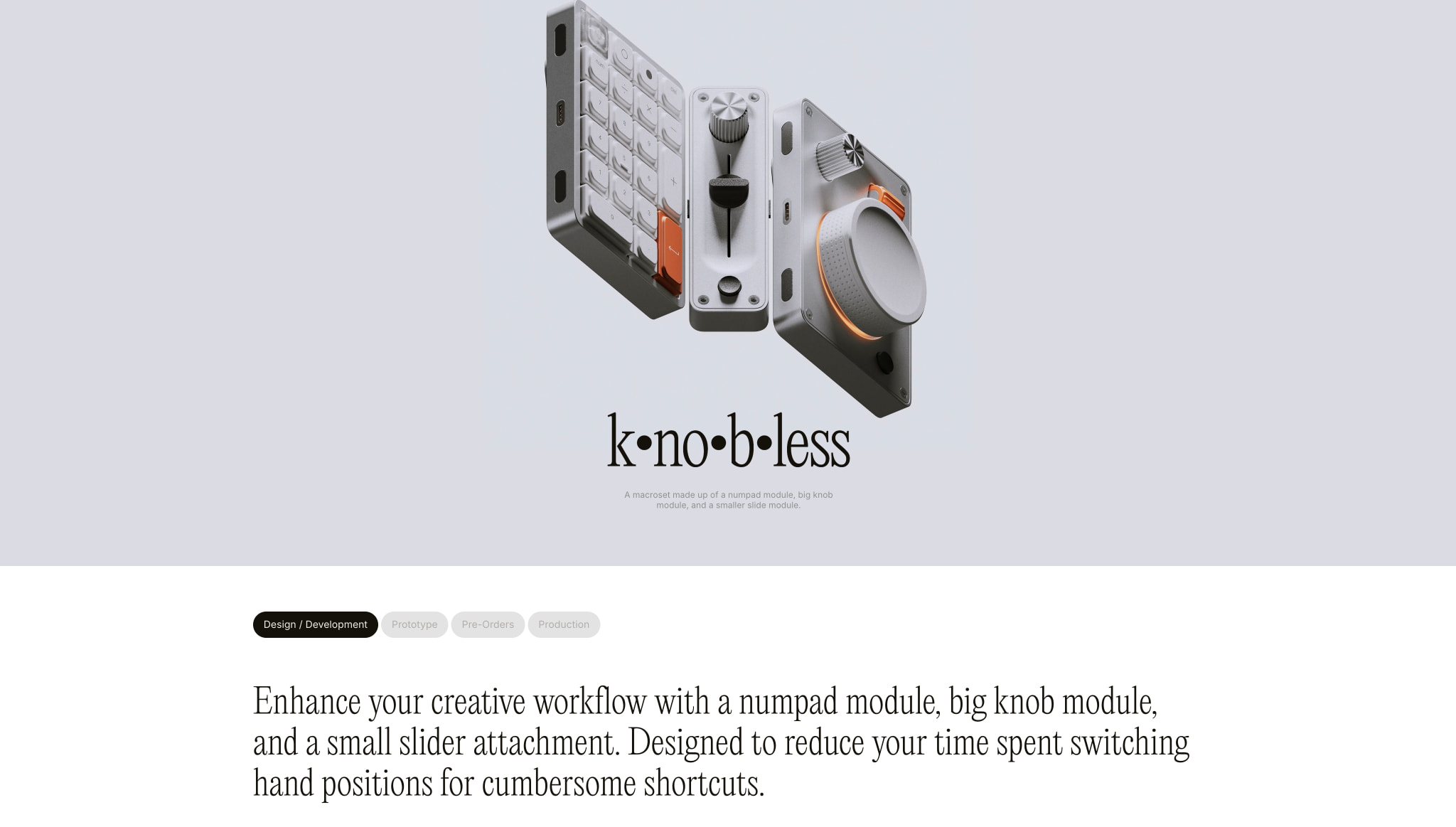 KNOB / k.no.b.less / numpad peripheral with magnetic attachments captured website design