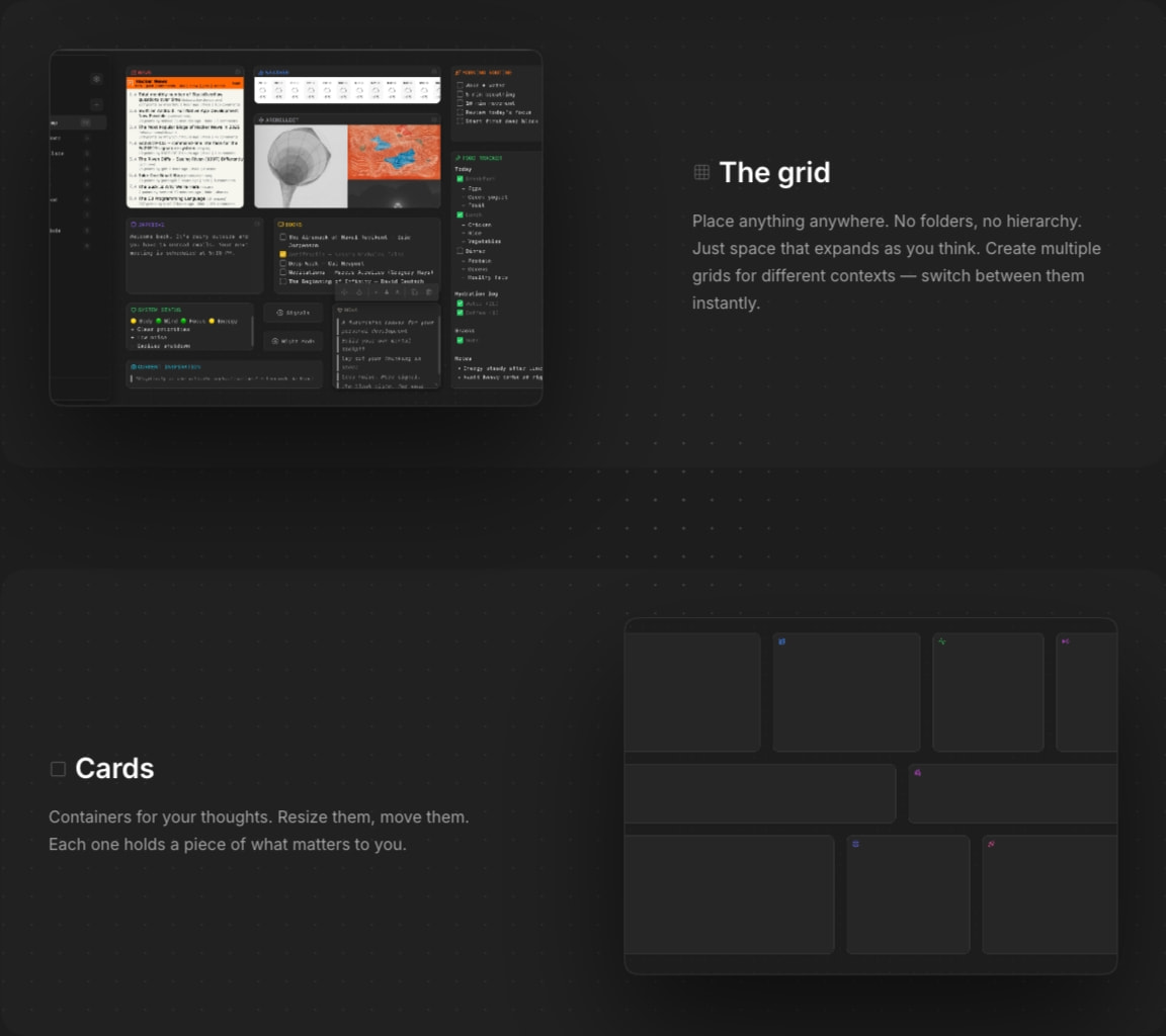 Grid and cards feature section with asymmetric layout showing product interface screenshots and descriptive text blocks. captured website design