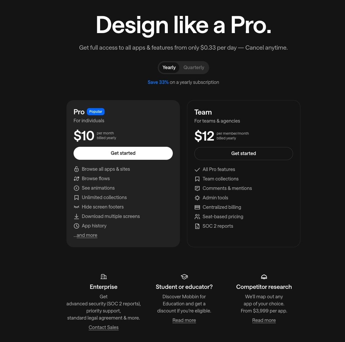 Pricing | Mobbin captured website design
