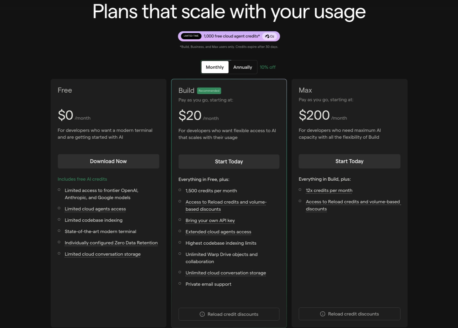 Warp Pricing: Terminal, Agents & Cloud Platform captured website design