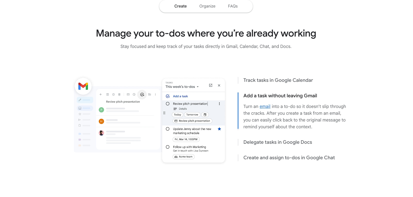 Integration section showing Gmail sidebar with task panel and vertical tab list for Calendar, Gmail, Docs, and Chat features captured website design
