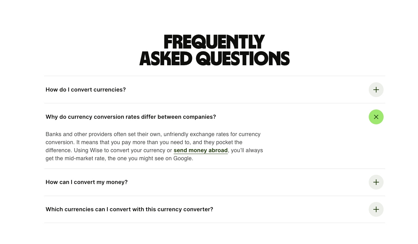 White FAQ accordion section with bold stacked display heading, expand/collapse items, and a lime-green active state circle with X icon. captured website design