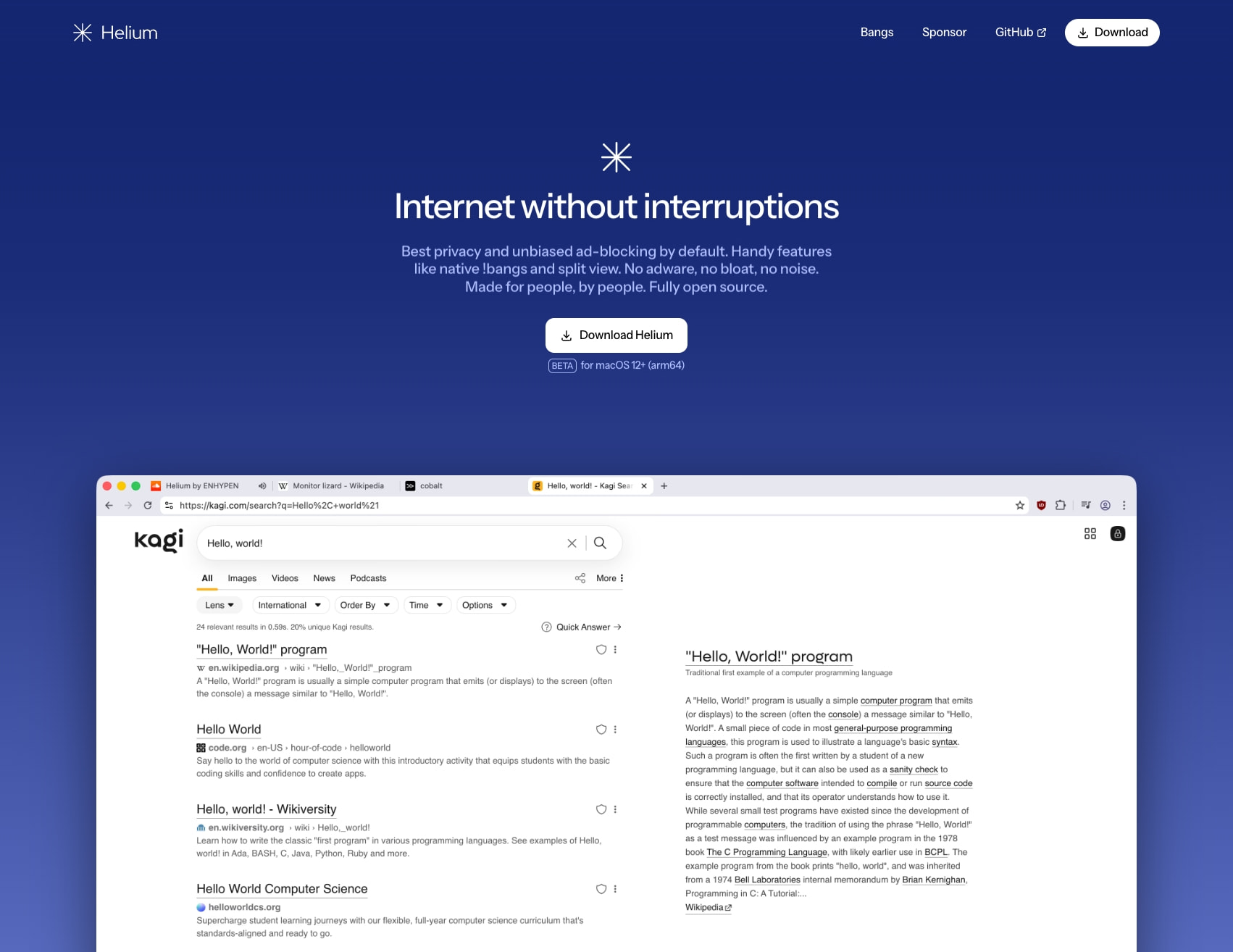 Tight crop of hero area with navigation bar, starburst mark, headline, subhead, and primary download button on deep blue gradient captured website design
