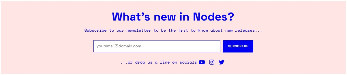 Close-up of newsletter signup with pink background, blue subscribe button, and social media icon links captured website design