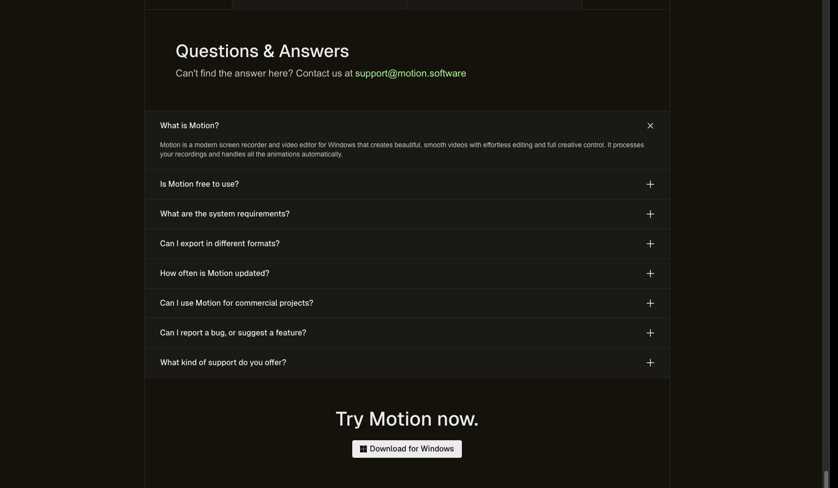 FAQ accordion with expand/collapse items, green email link, and centered download call-to-action captured website design