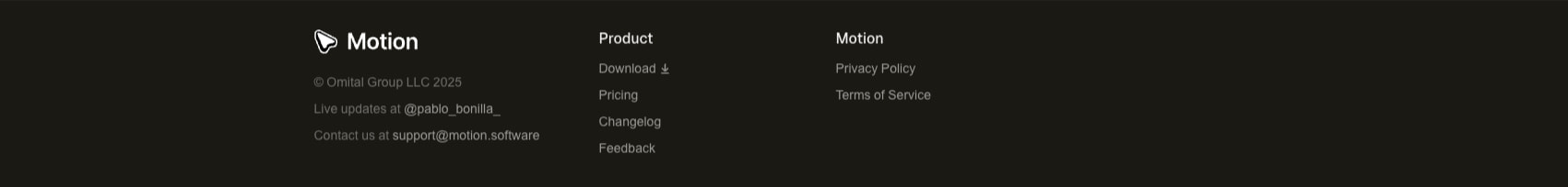 Footer section with Motion logo, copyright, multi-column link groups, and muted secondary text captured website design