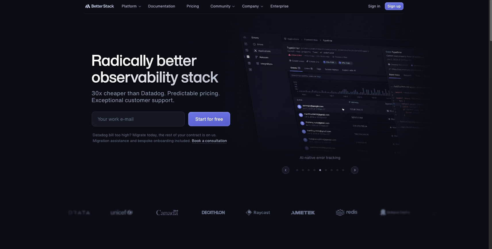 Better Stack - 30x cheaper than Datadog, Exceptional support captured website design