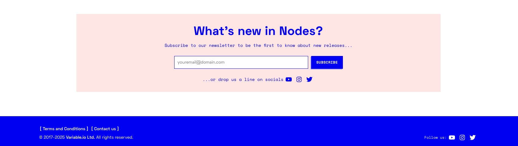 Newsletter signup section with pink background, blue heading, email input field, and dark blue footer bar captured website design