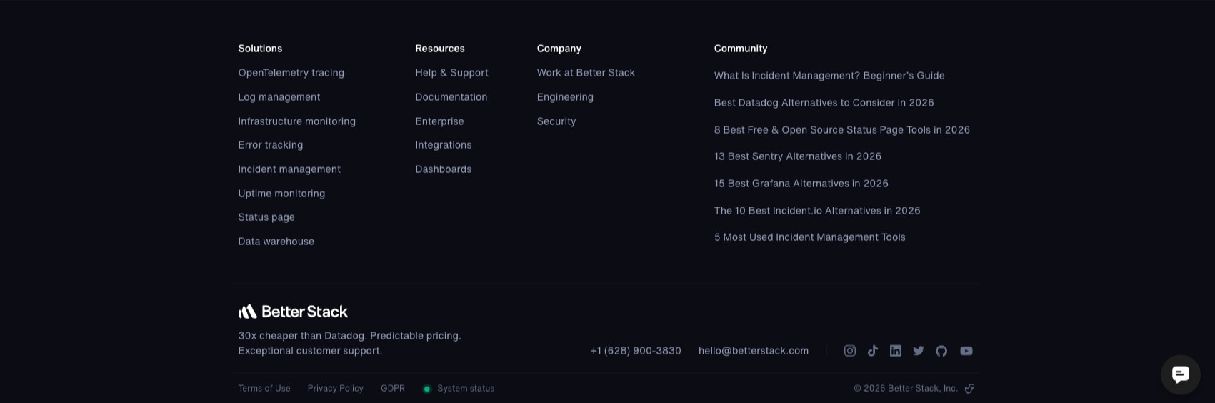 Better Stack - 30x cheaper than Datadog, Exceptional support captured website design