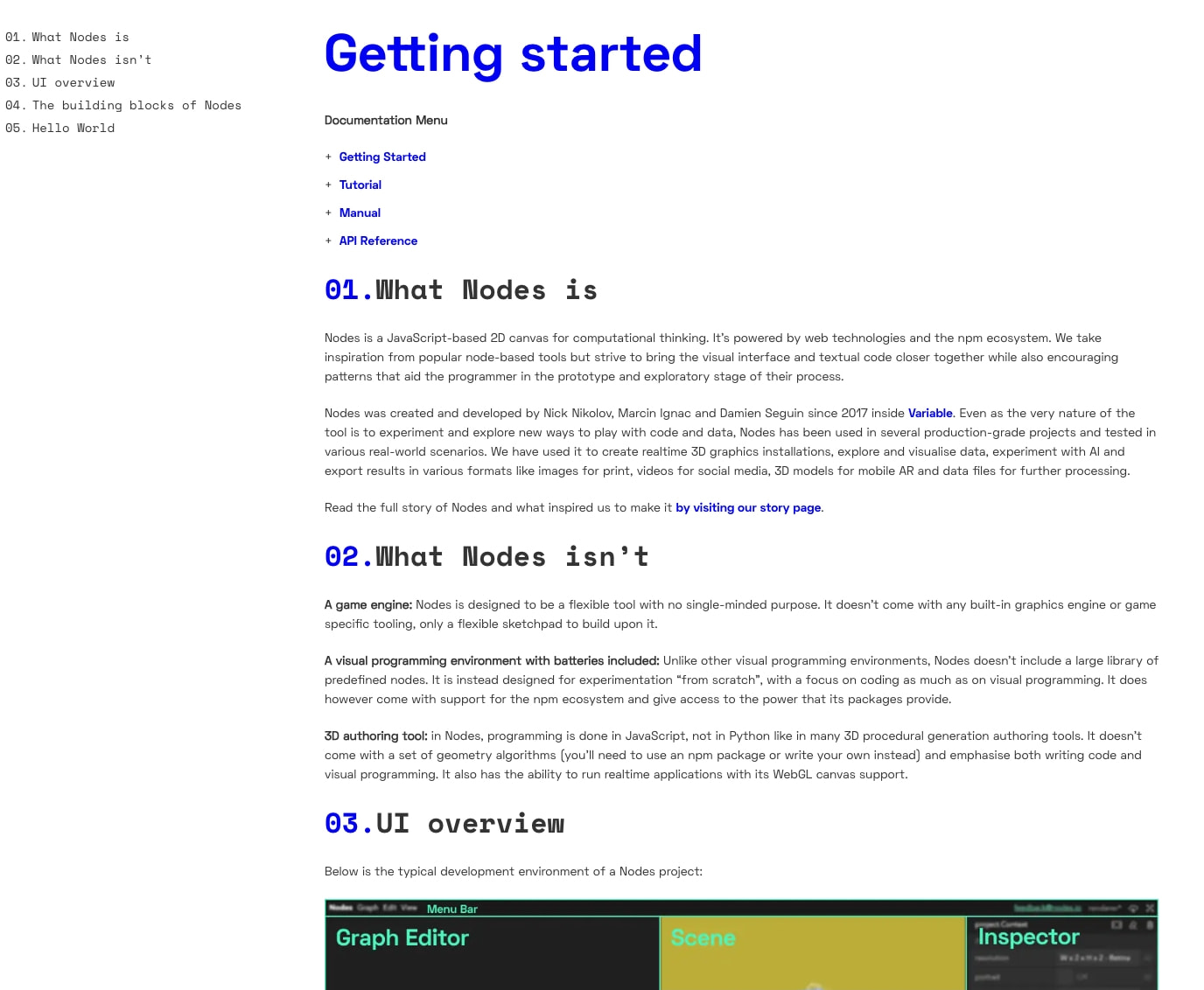 Documentation page with blue display heading, numbered section titles in monospace, and left sidebar navigation captured website design