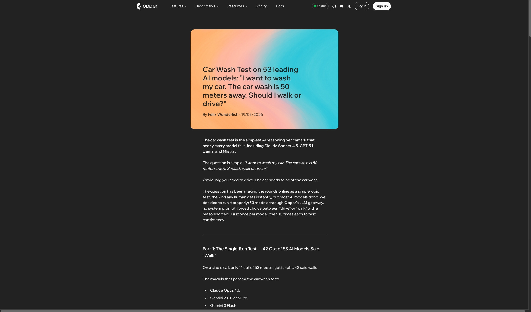 Car Wash Test on 53 leading AI models: "I want to wash my car. The car wash is 50 meters away. Should I walk or drive?" captured website design