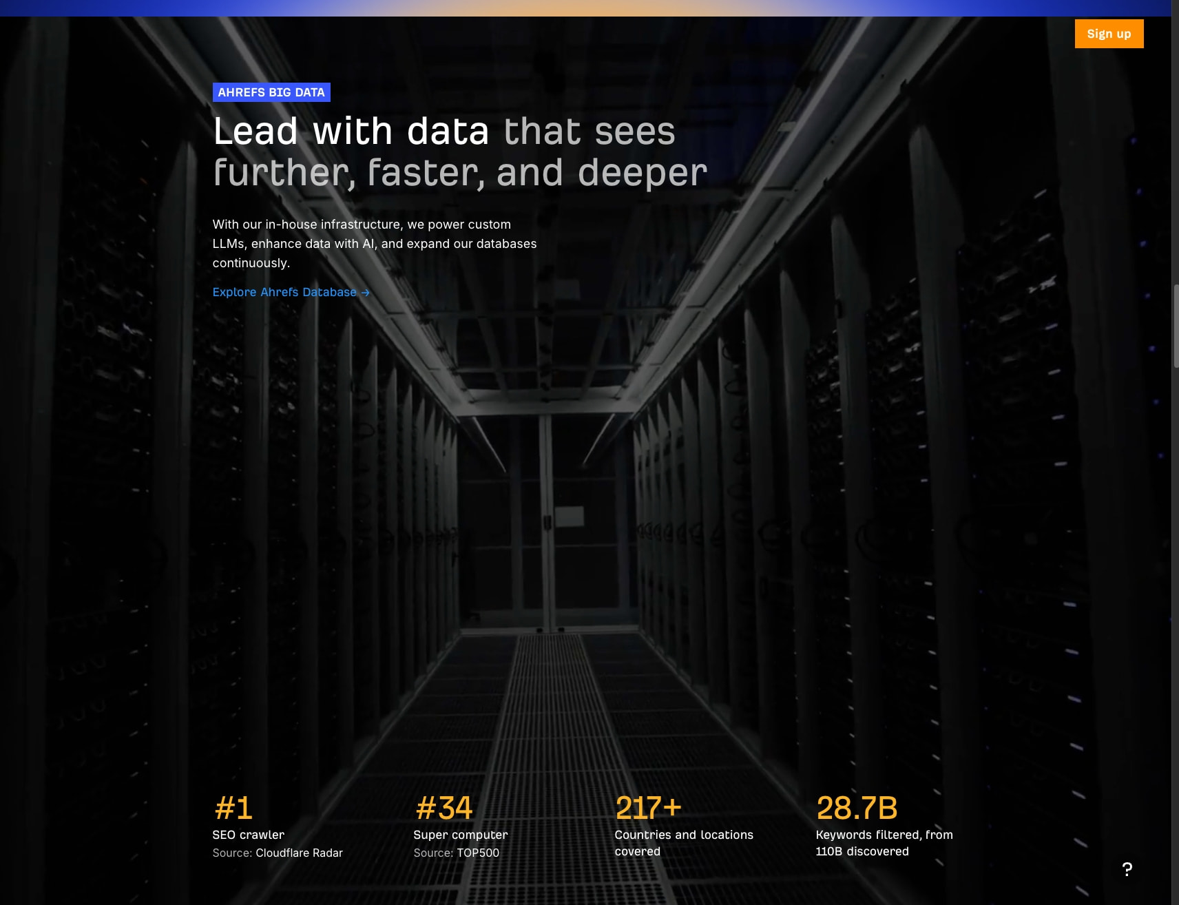 Dark server corridor with white headline and gold metrics row captured website design