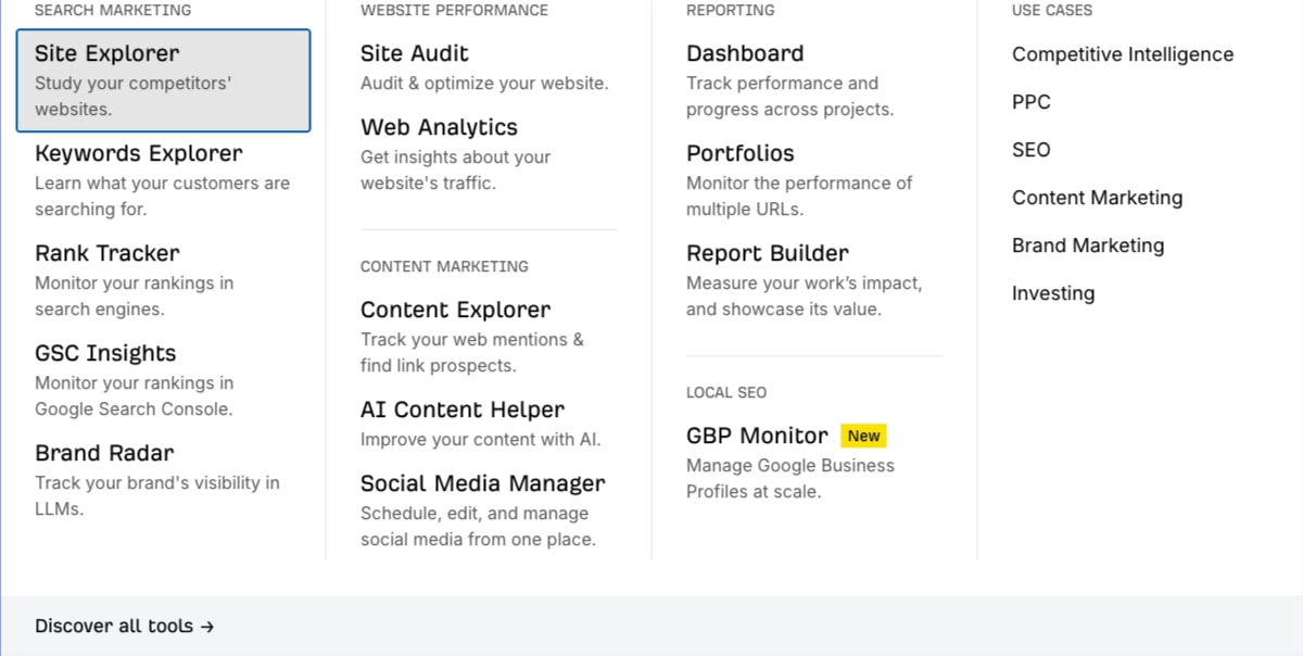 White multi-column product menu with a highlighted first item captured website design