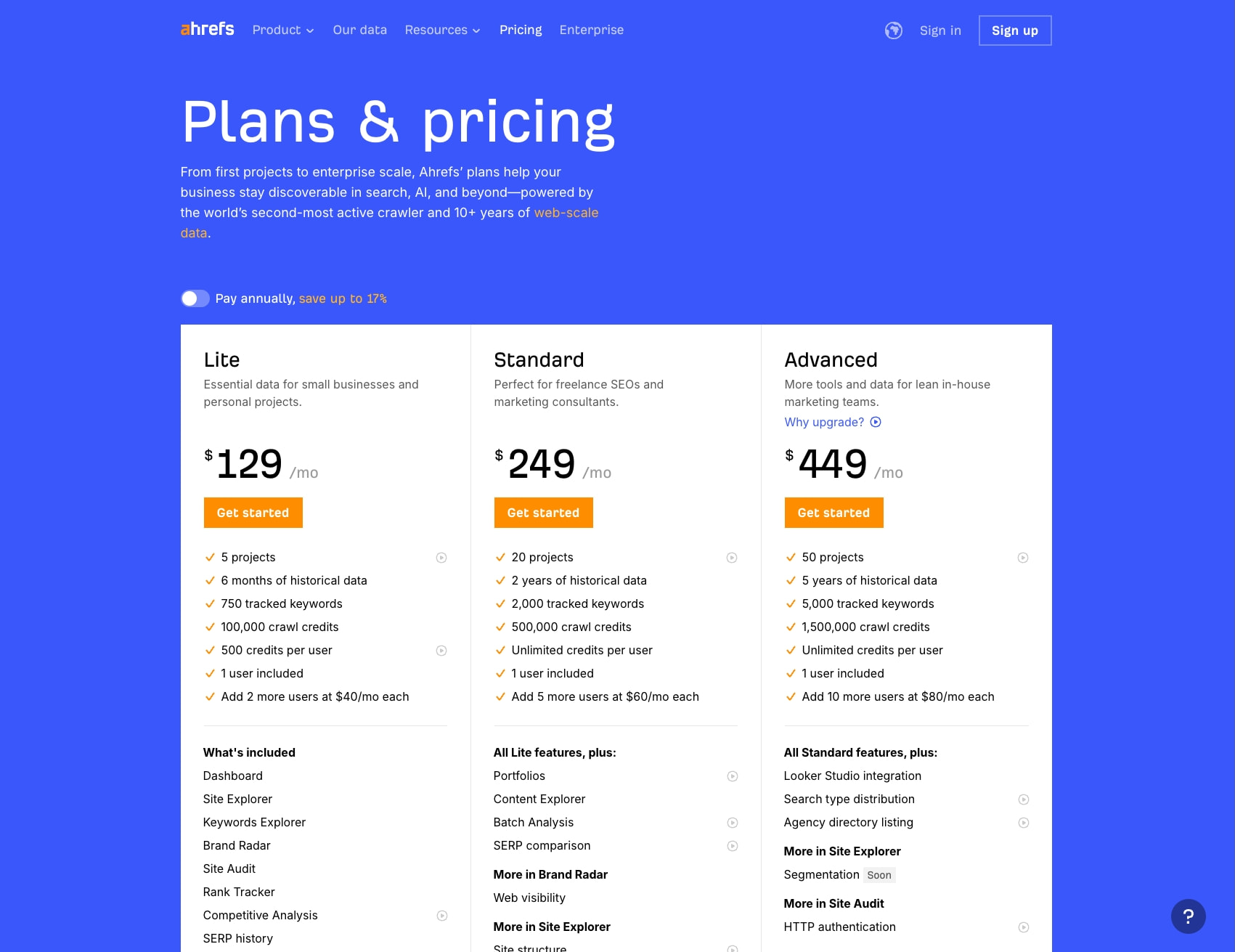 Blue pricing board with three white plan columns and orange buttons captured website design