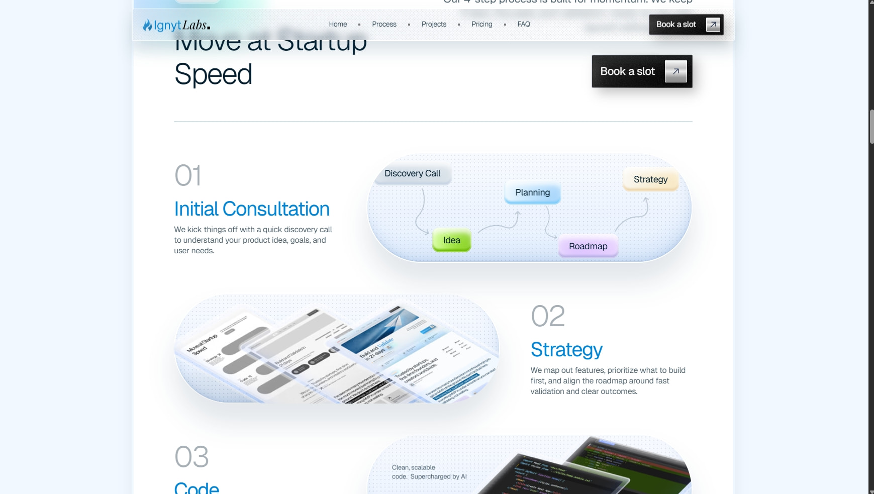 Process section showing numbered steps with pill-shaped gradient diagrams and wireframe mockups on a light blue-white gradient background captured website design
