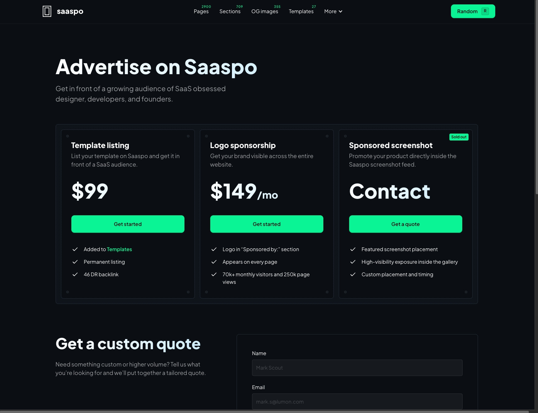Dark advertise page with three pricing cards and a custom quote form captured website design