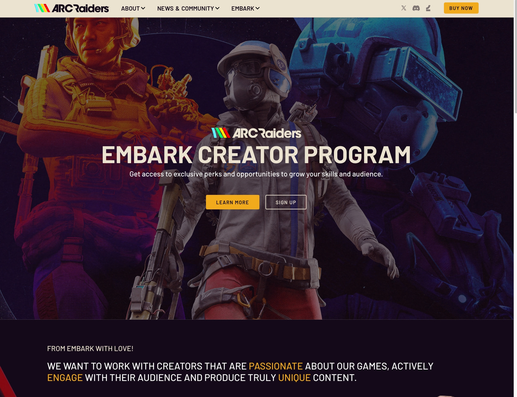 Embark Creator Program | ARC Raiders captured website design