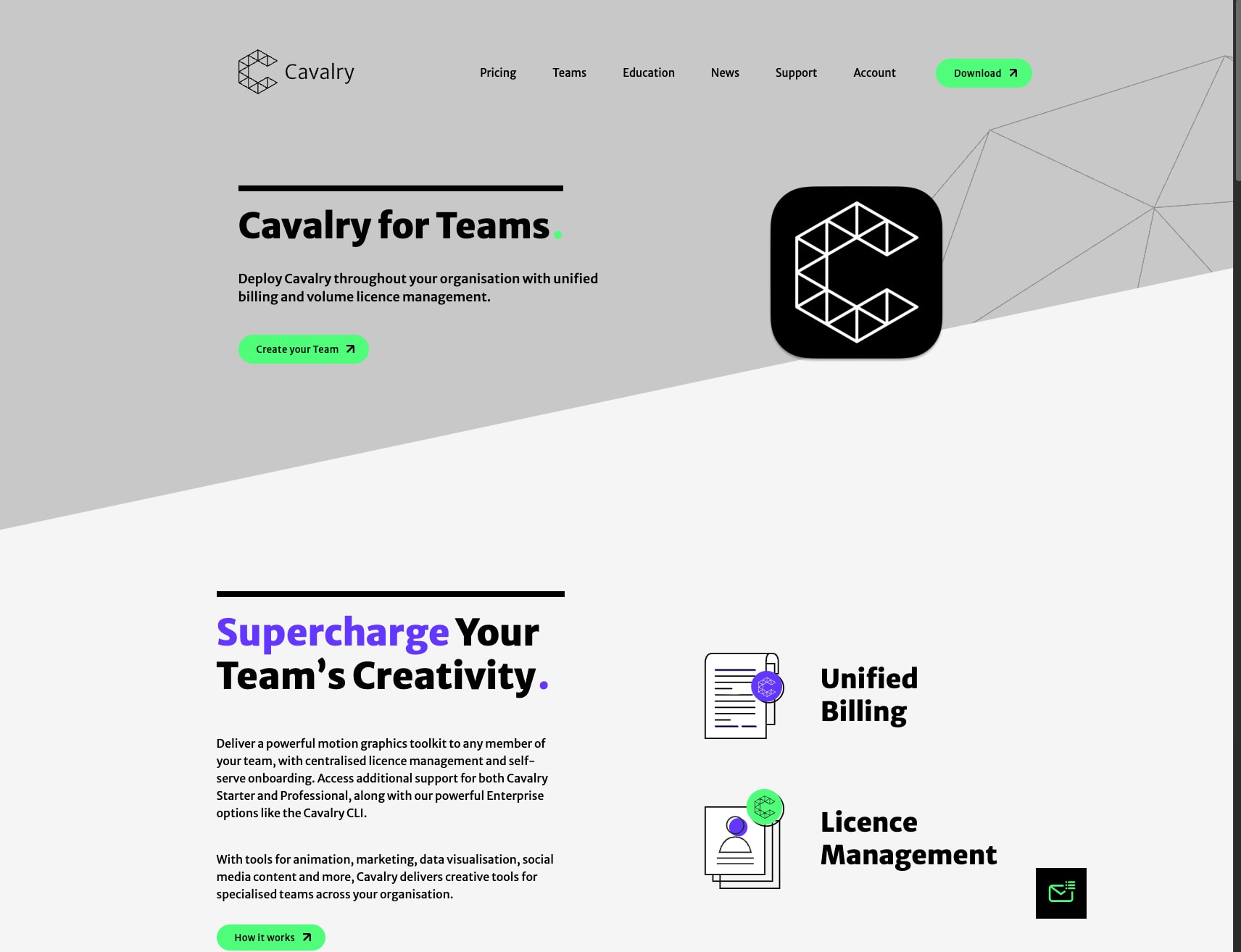 Cavalry for Teams. Volume licencing and unified billing for your entire organisation. captured website design