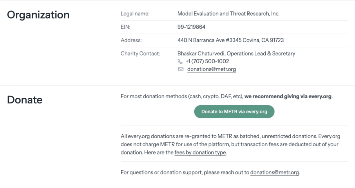 Donation page lower section showing organization details and green pill-shaped donate button against white background captured website design