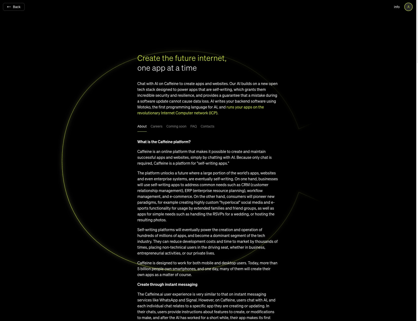 About Caffeine captured website design
