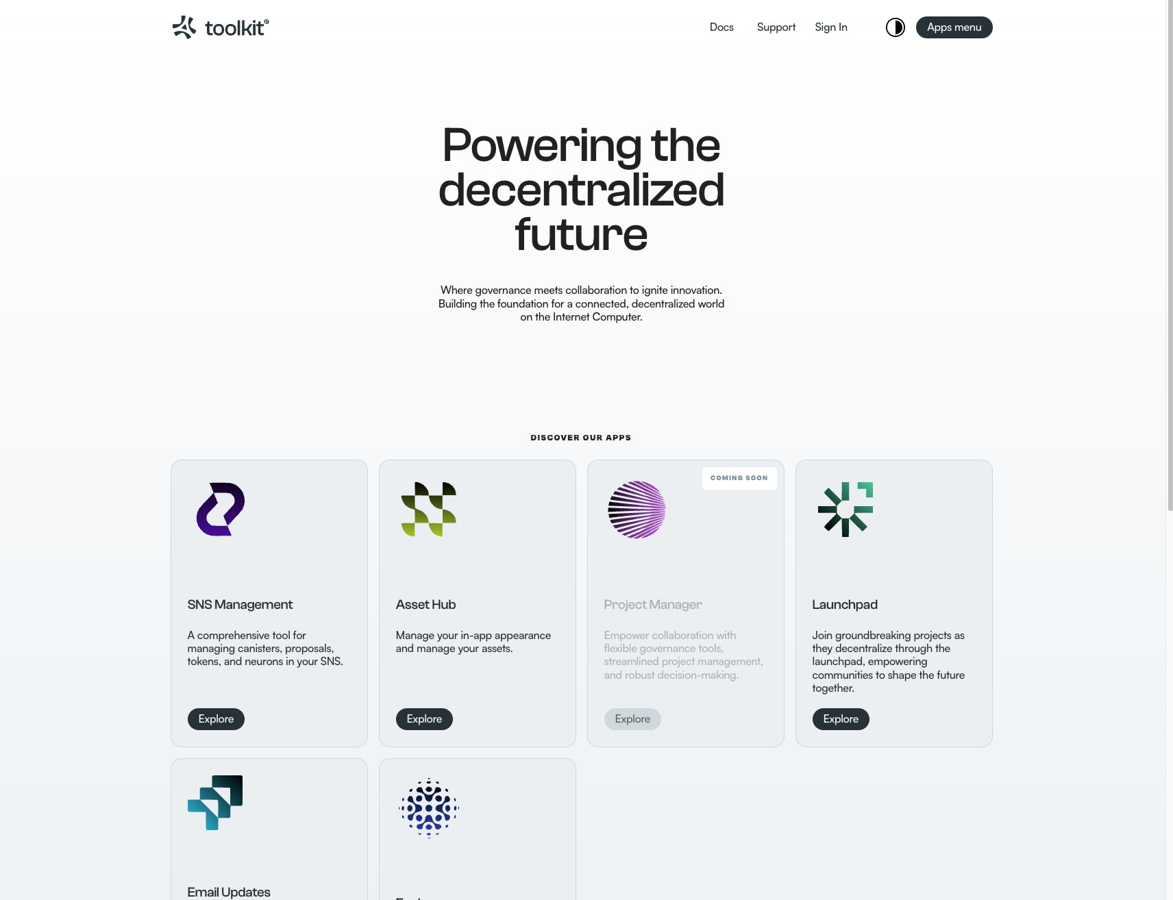 Hero section with large Clash Grotesk headline, app discovery grid with four product cards featuring distinct logos, and pill-shaped Explore buttons on a near-white background captured website design