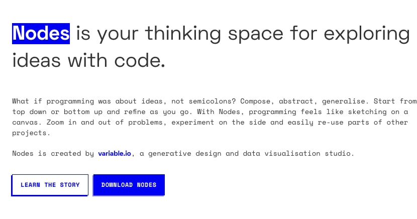 Homepage hero with bold blue 'Nodes' wordmark, monospace body copy, and two outlined buttons on white canvas captured website design