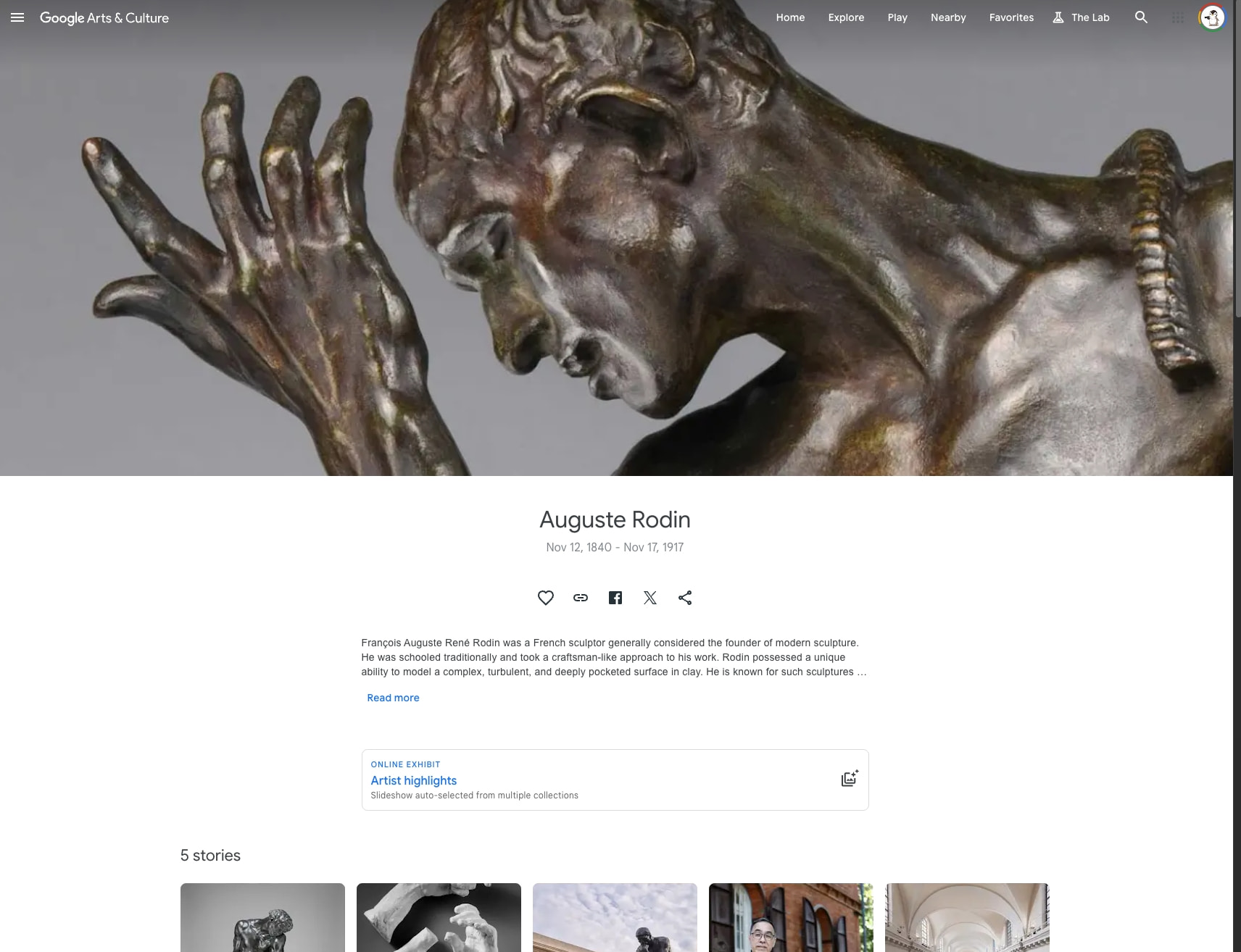 Auguste Rodin — Google Arts & Culture captured website design