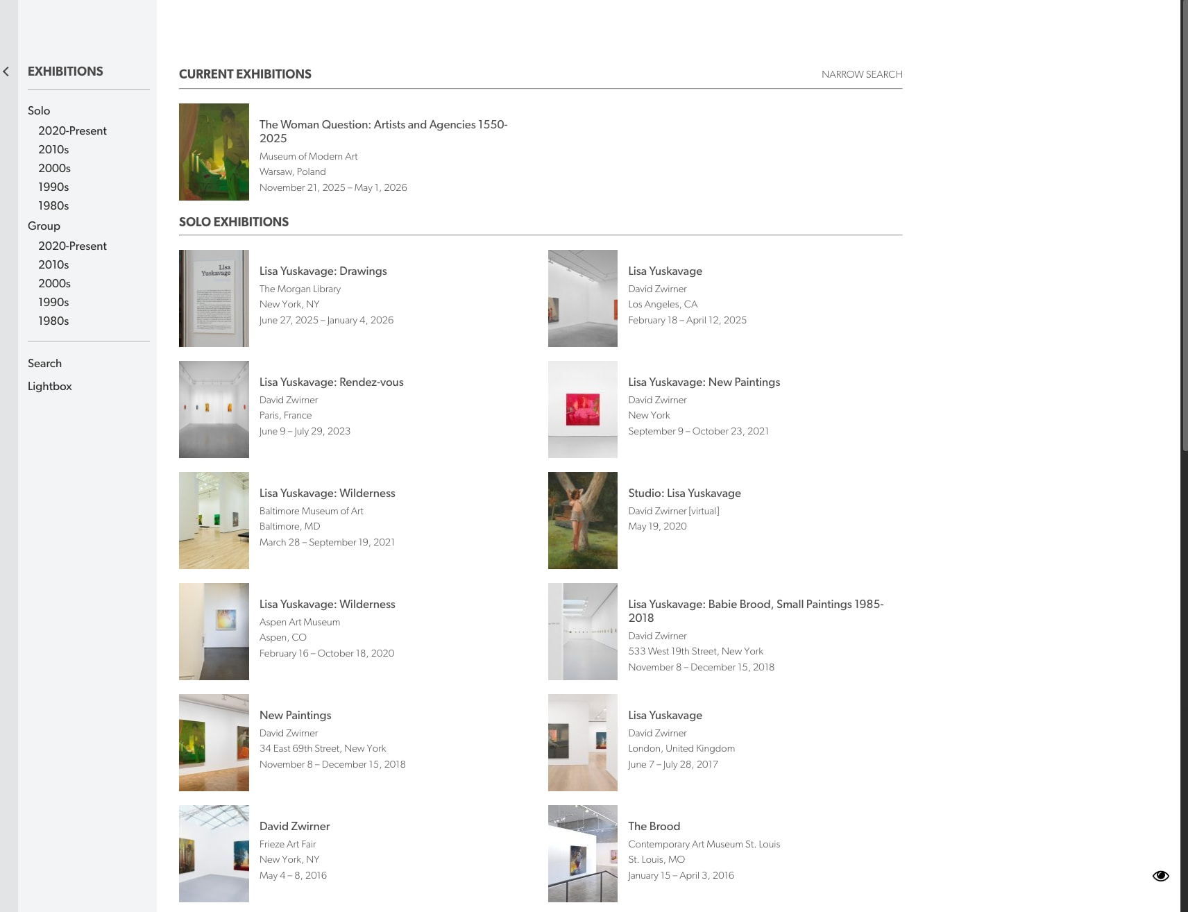 Exhibitions - Yuskavage captured website design