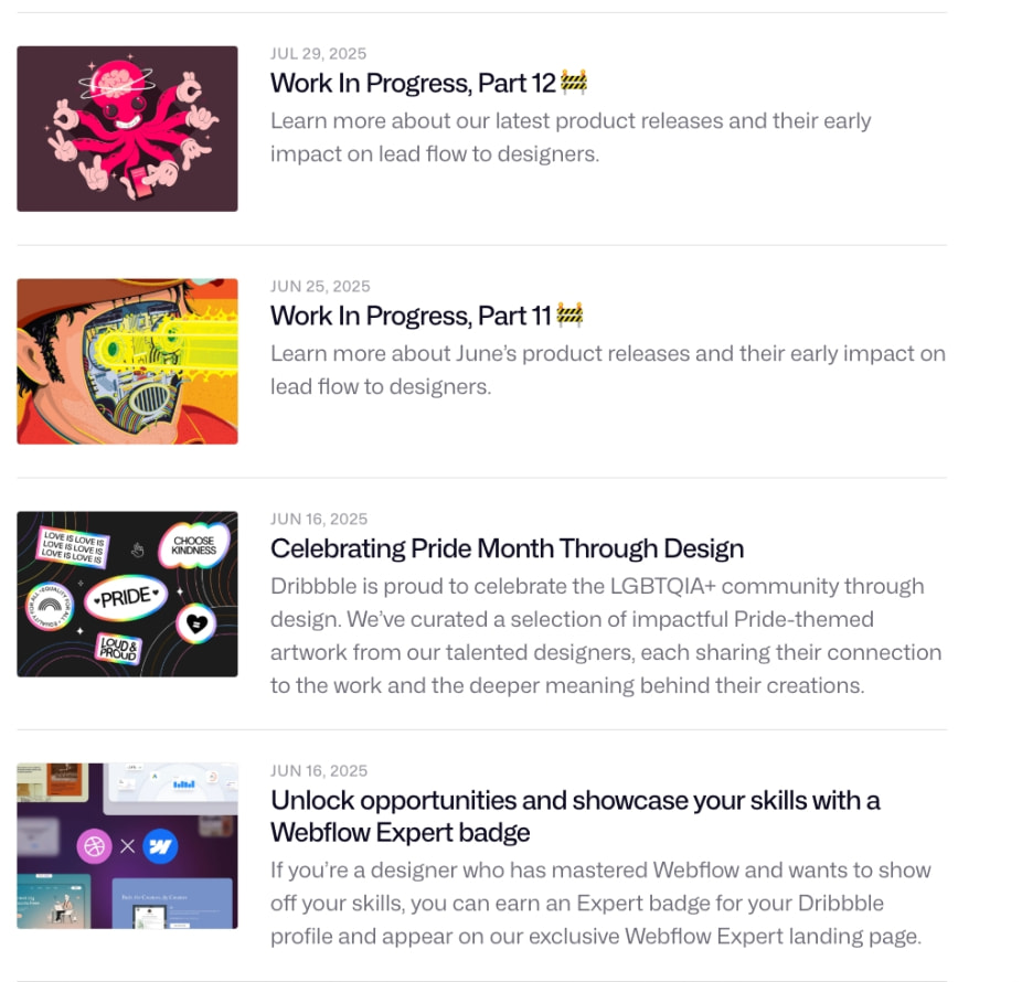 Stories blog index with dated article list, thumbnail images, and muted metadata typography on white background captured website design