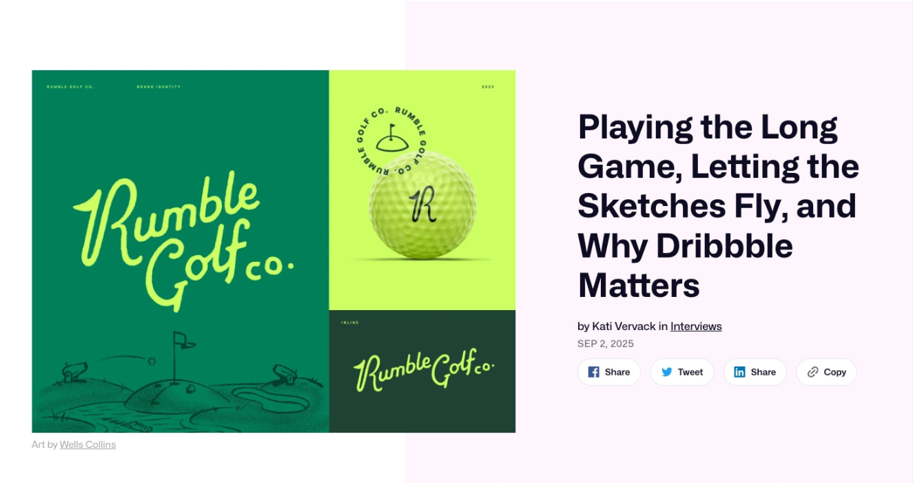 Blog article page with split editorial layout featuring green and lime brand imagery alongside article headline and social share buttons captured website design