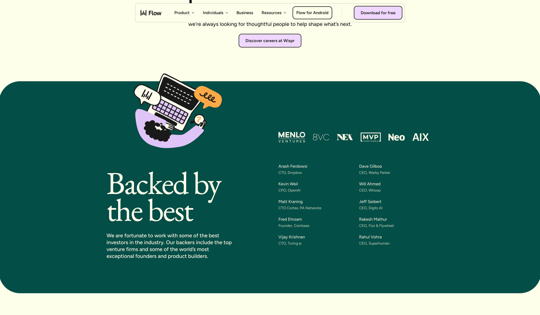 About | Wispr Flow captured website design