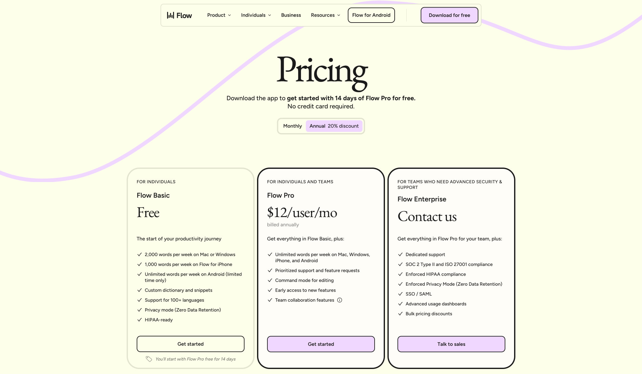 Pricing | Wispr Flow captured website design