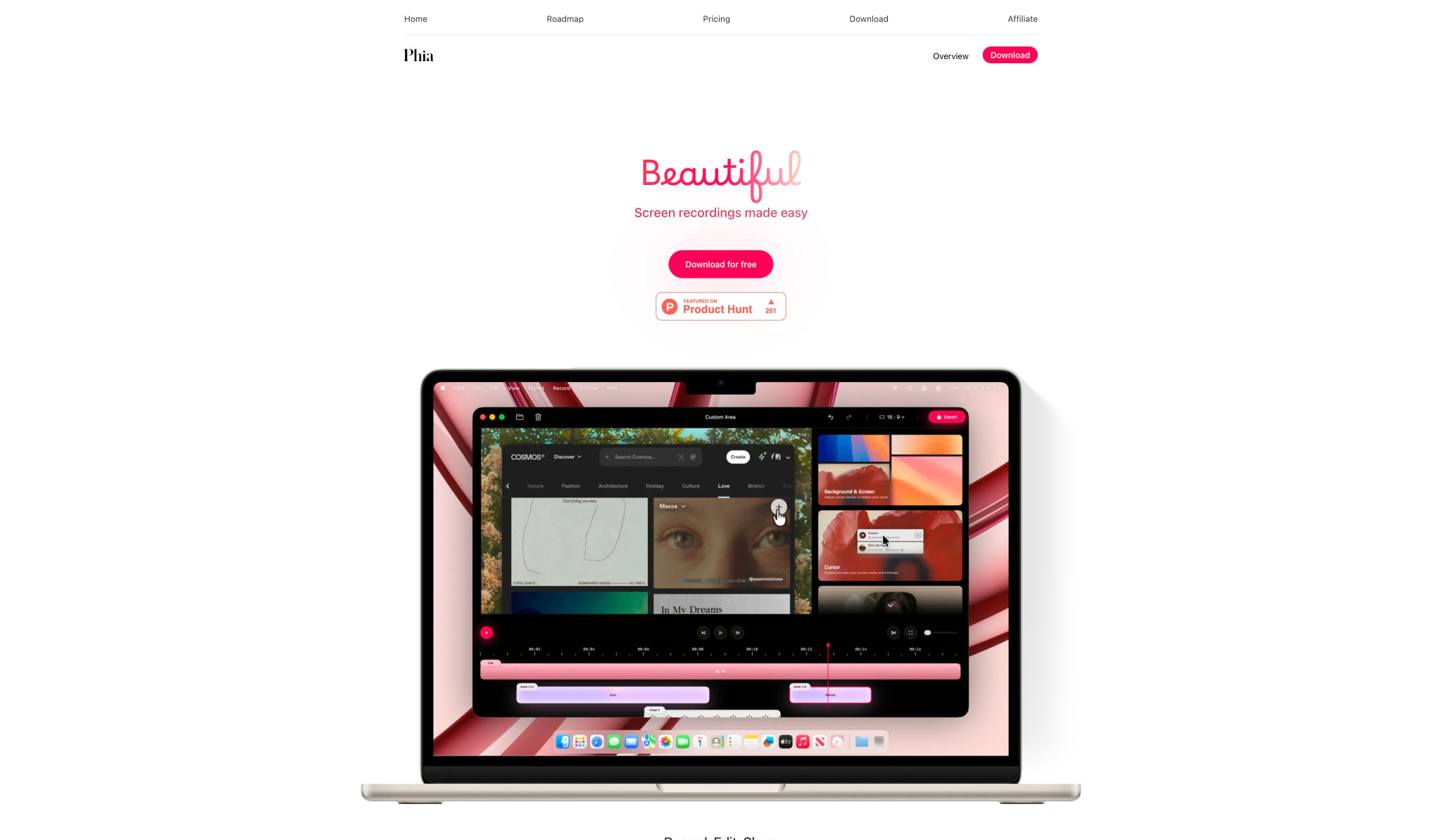 Phia — Beautiful Screen Recorder for macOS captured website design
