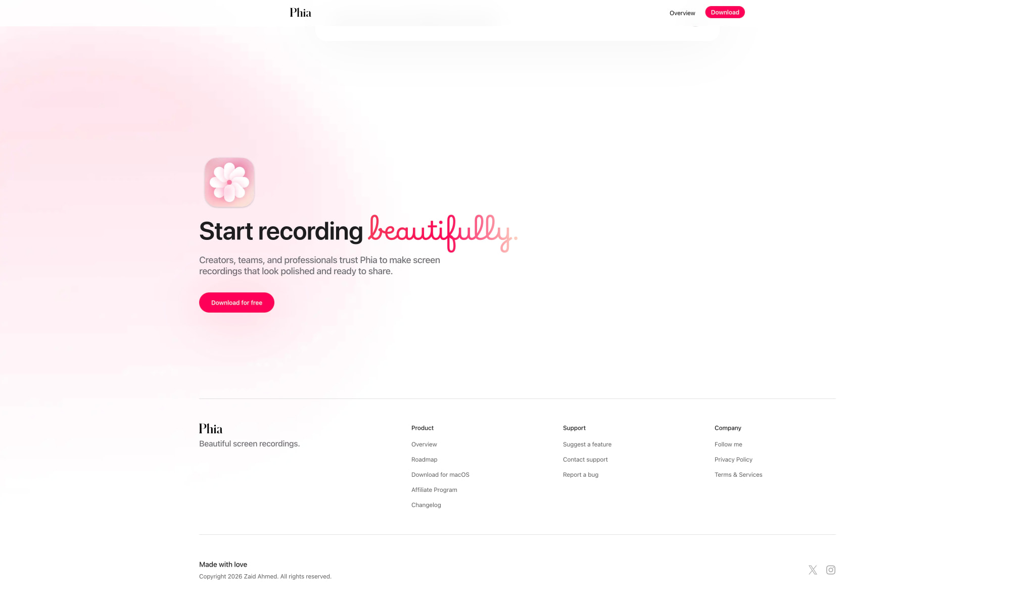 Phia — Beautiful Screen Recorder for macOS captured website design