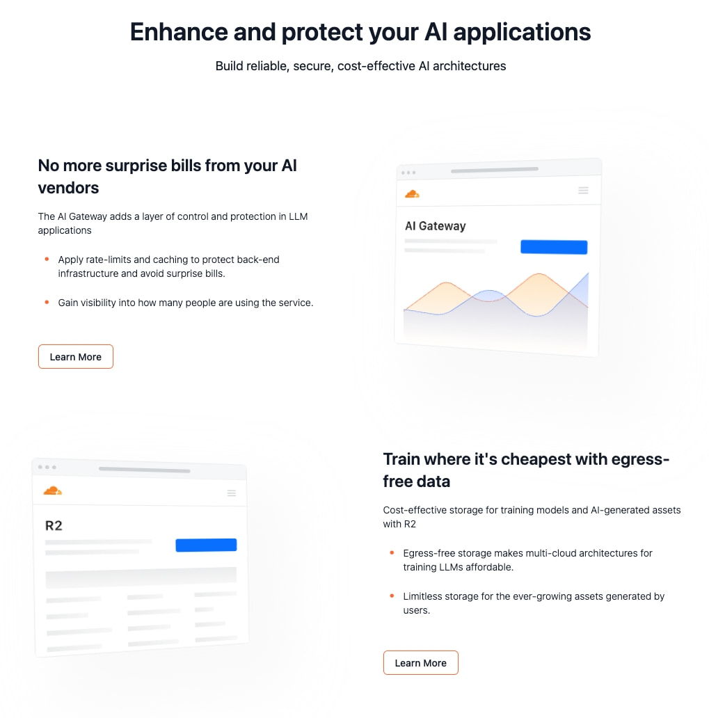 Alternating feature rows with mockups, bullets, and learn-more buttons captured website design