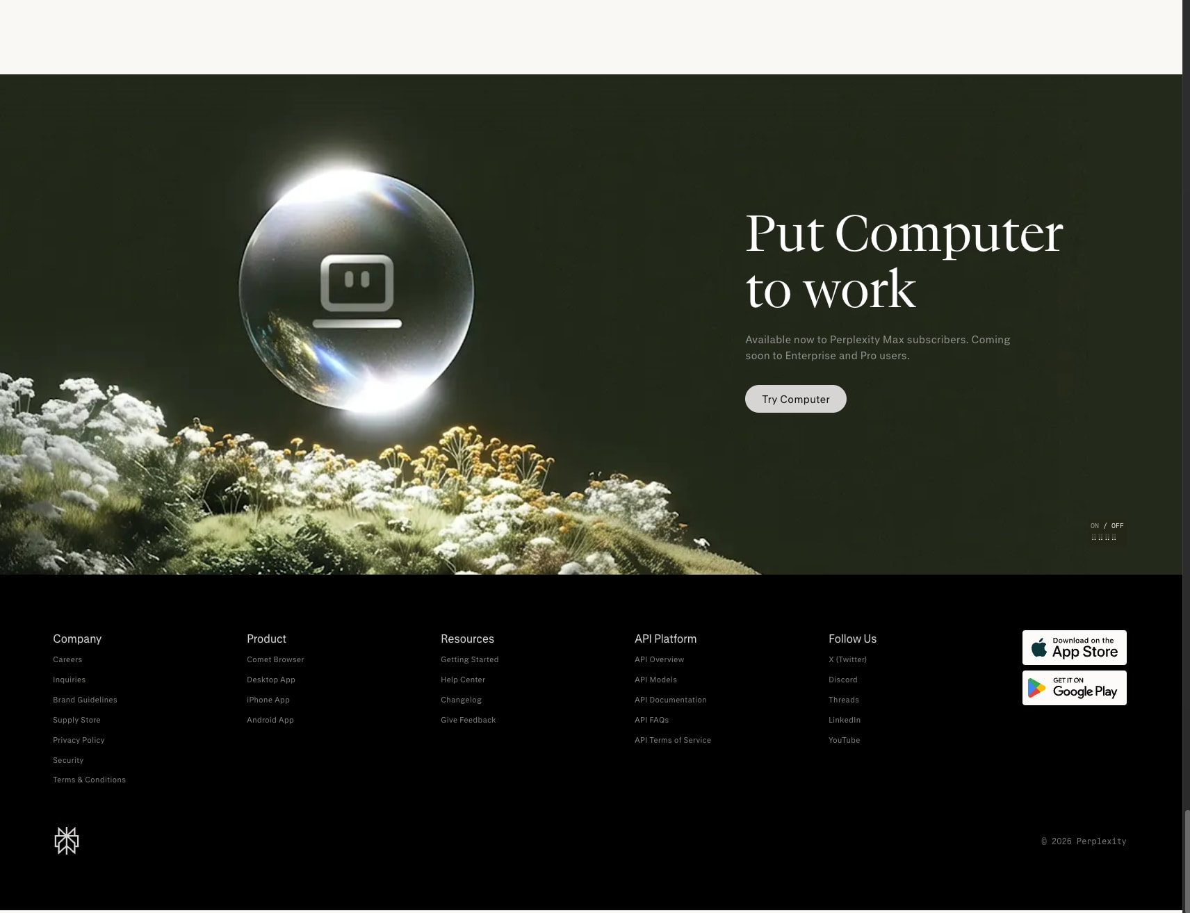 Perplexity Computer captured website design