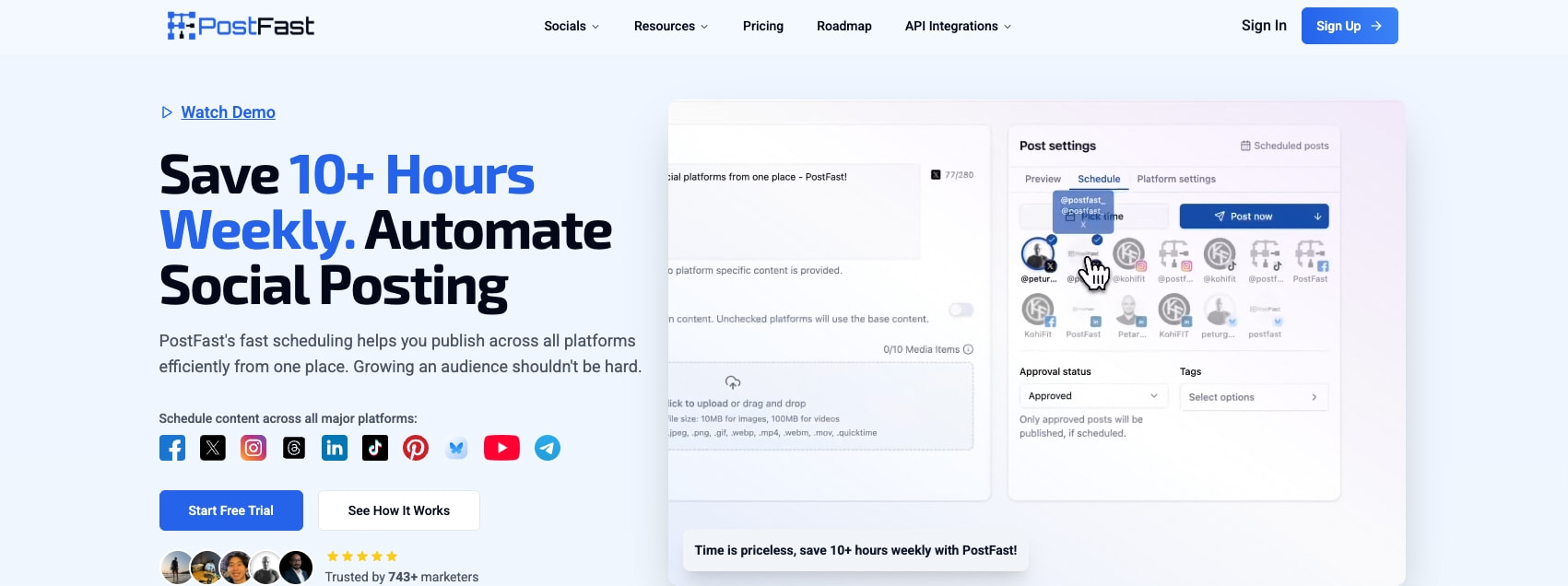 Schedule Social Media Posts Across All Platforms | PostFast captured website design