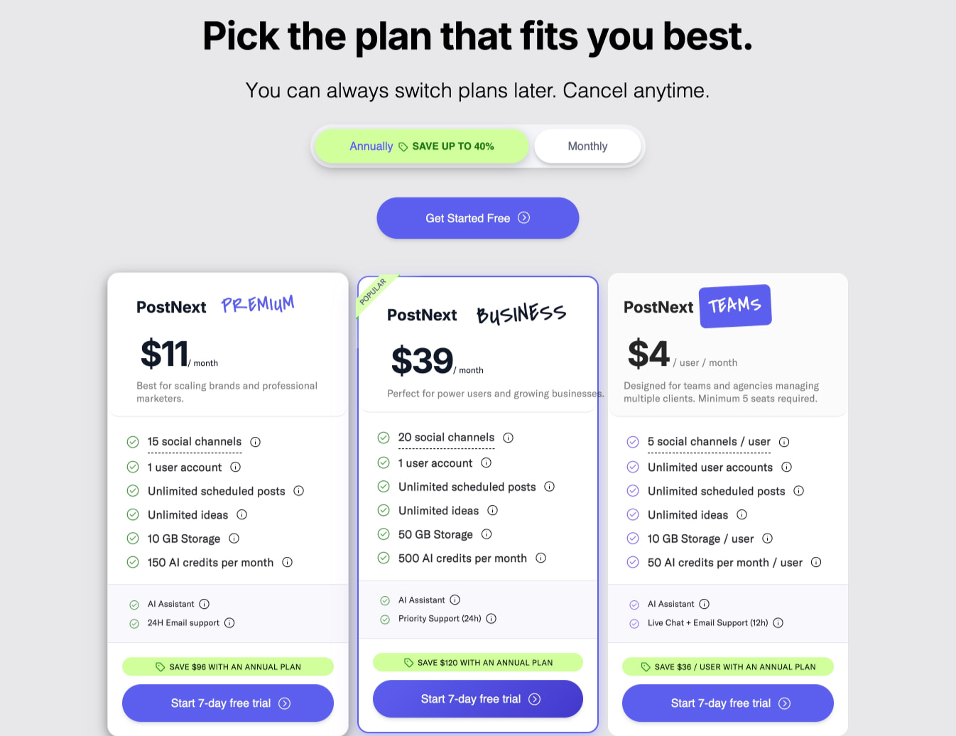 PostNext: Flexible Pricing Plans captured website design
