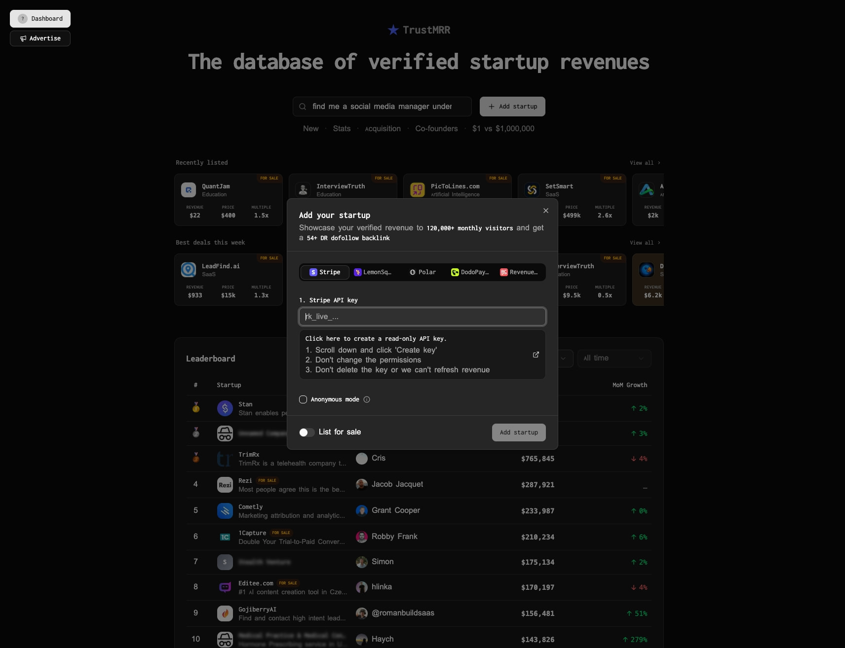 TrustMRR - Verified startup revenue database captured website design