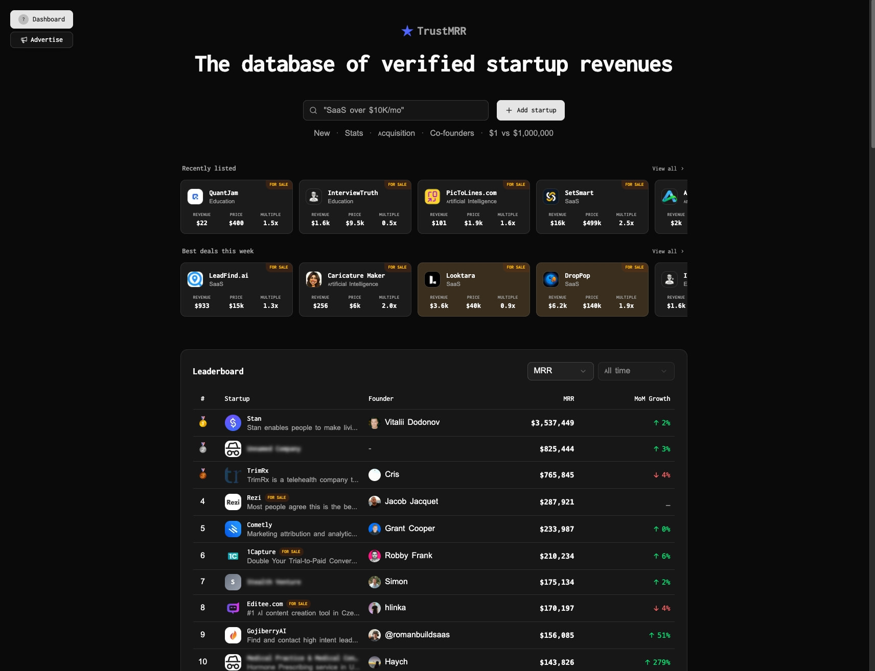 TrustMRR - Verified startup revenue database captured website design