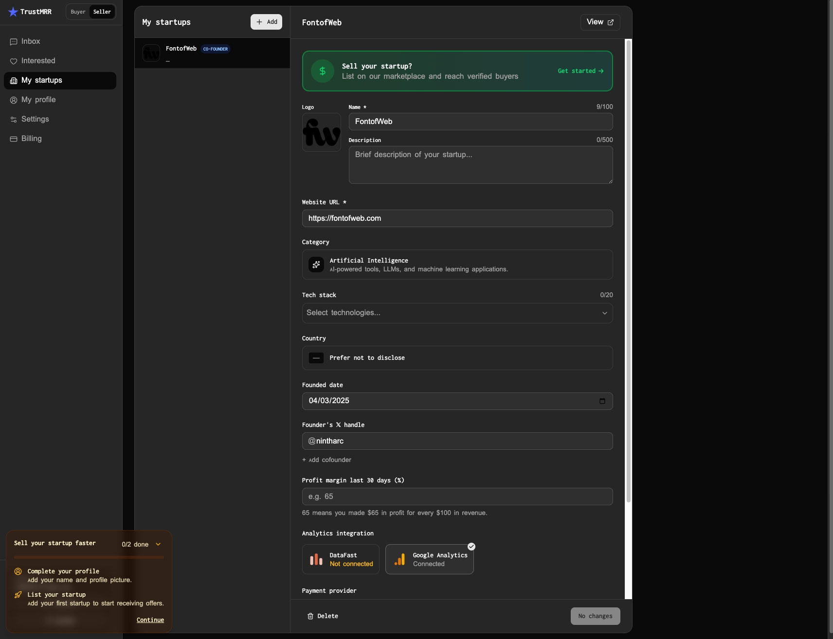 Dashboard | TrustMRR captured website design
