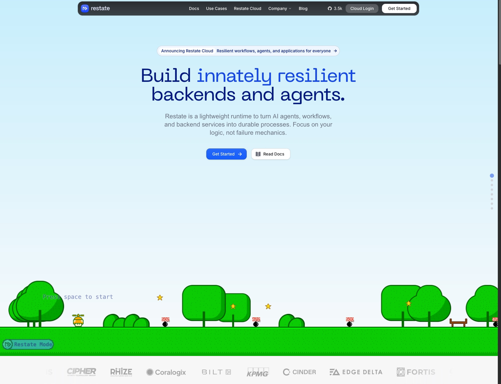 Restate - Build innately resilient distributed apps captured website design
