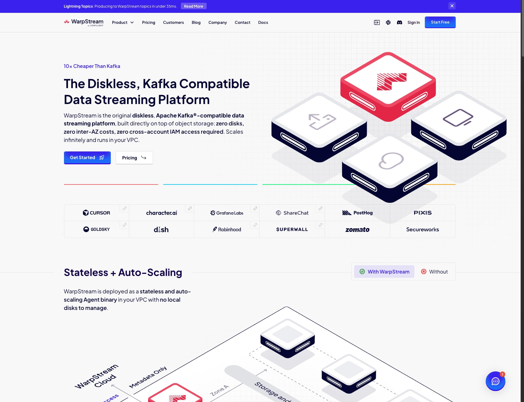 WarpStream - The Diskless, Kafka-Compatible Data Streaming Platform captured website design
