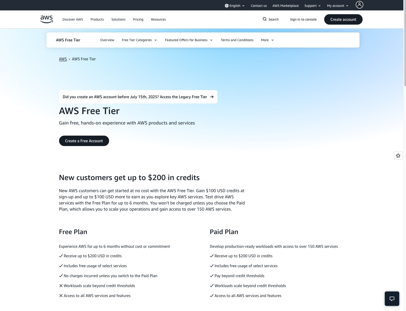 Free Cloud Computing Services - AWS Free Tier captured website design